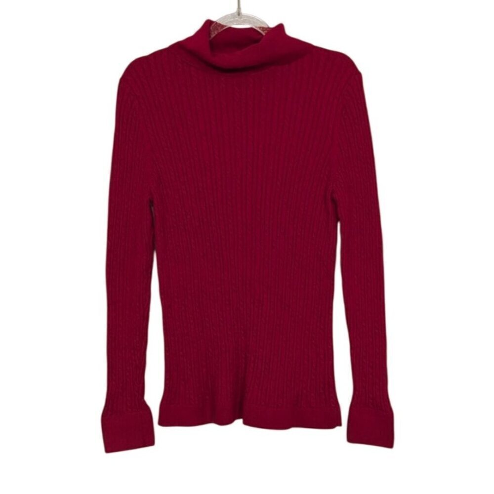 Talbots Cable Knit Turtleneck Womens Size Large Red Stretch Fitted Sweater